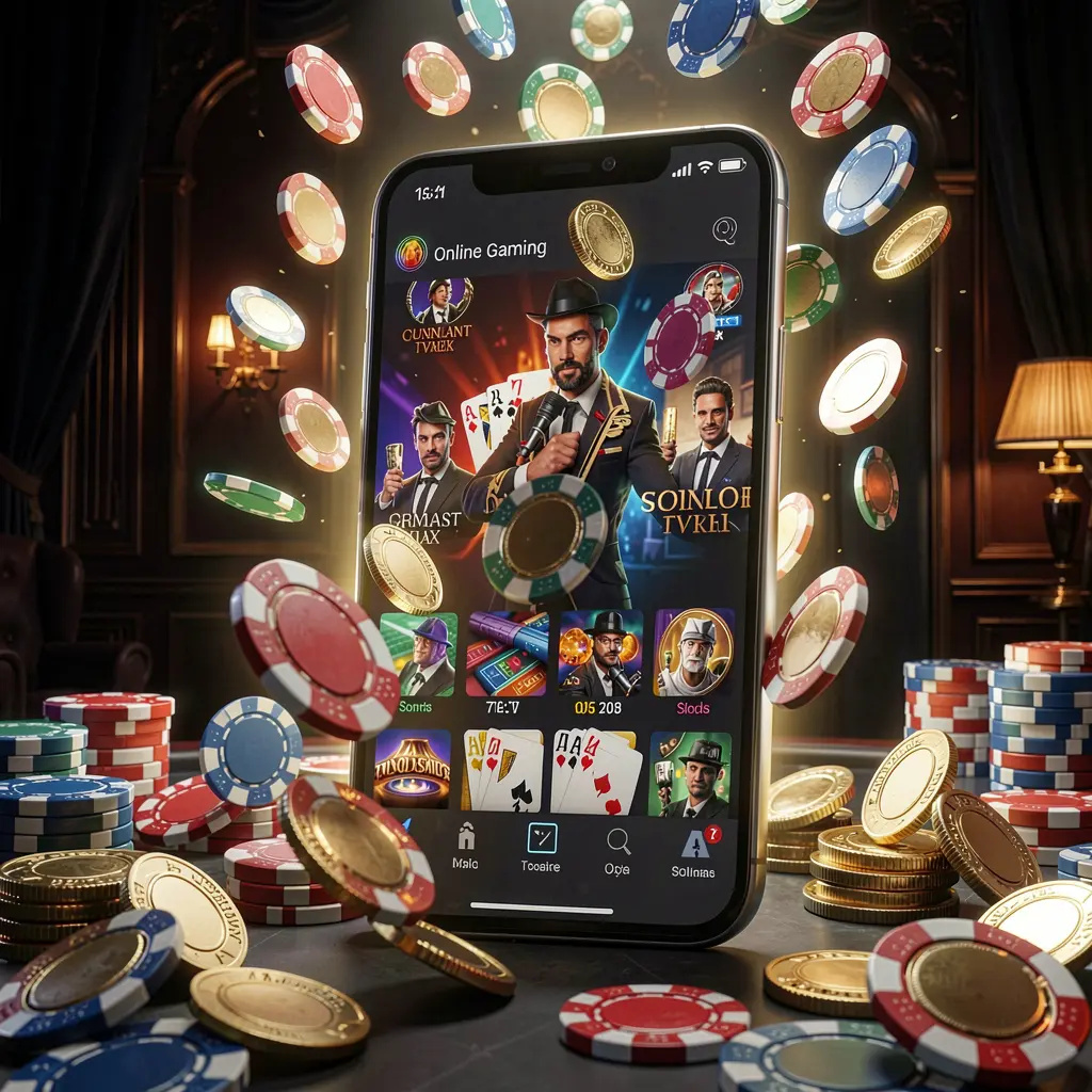 JLO1 online gaming app displayed on a smartphone screen with glowing casino chips and coins emerging against a luxury dark background with cinematic lighting in a high detail 3D render
