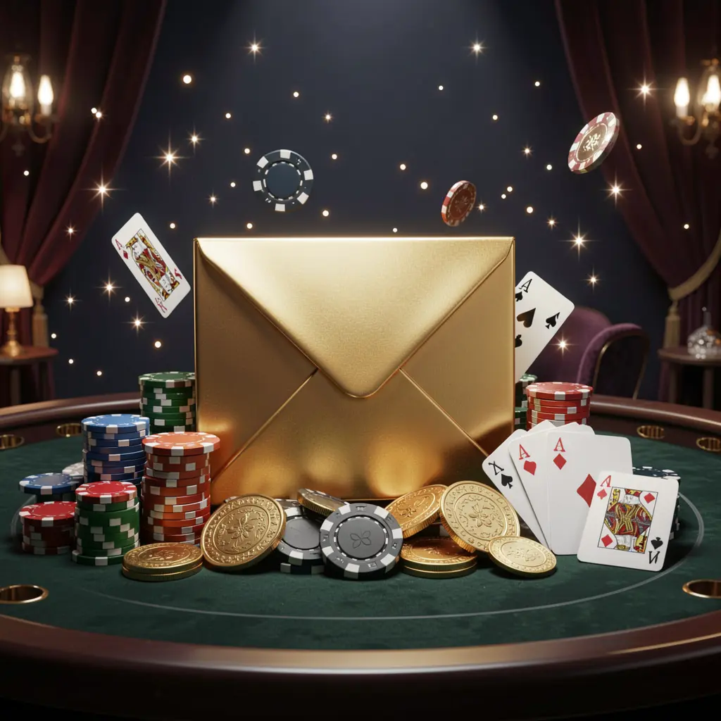 JLO1 exclusive casino promotion featuring a golden envelope surrounded by chips, coins, and playing cards with sparkling lights on a luxury dark background