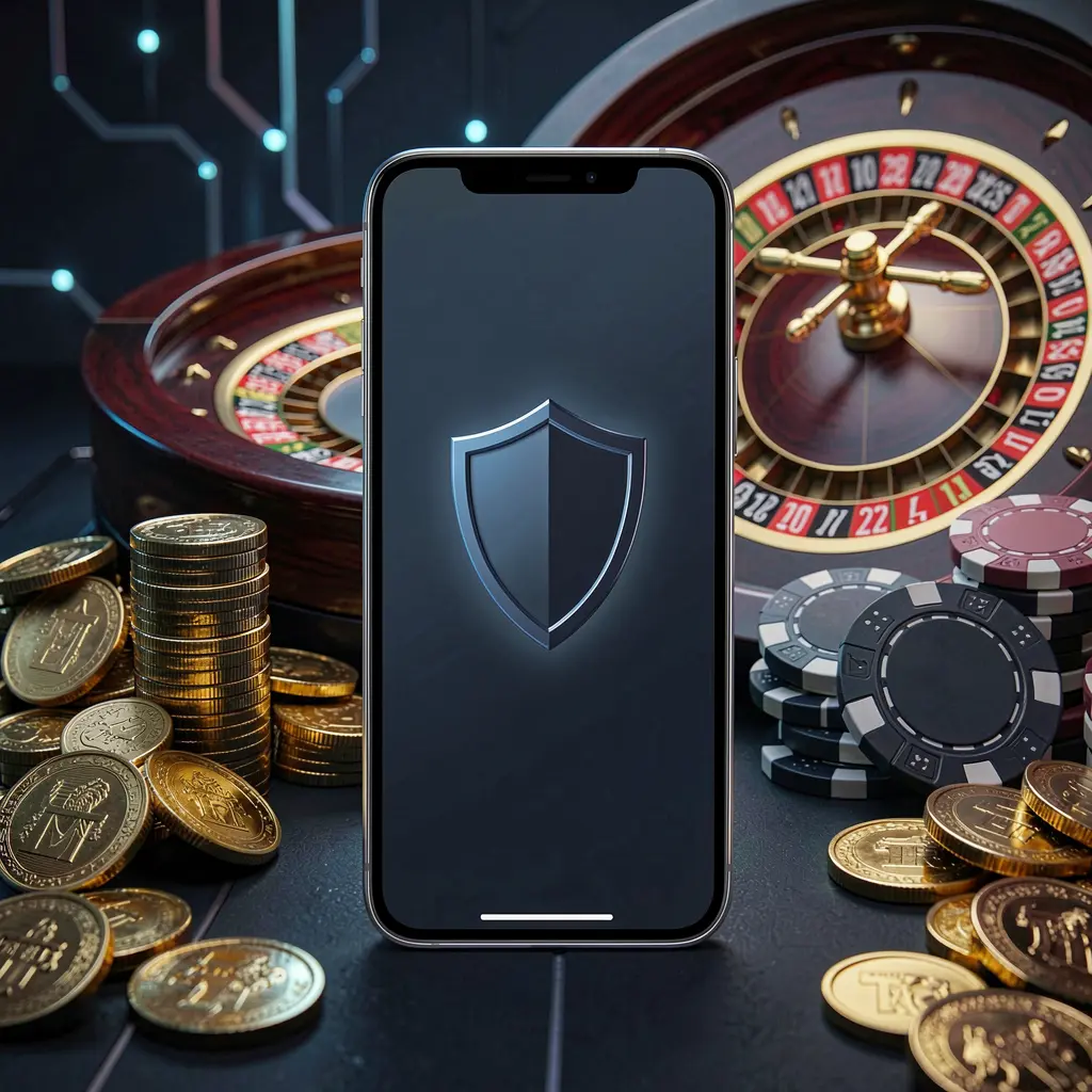 JLO1 secure mobile casino login screen showing a phone with a shield icon, roulette wheel, poker chips, and golden coins against a dark cyber luxury background