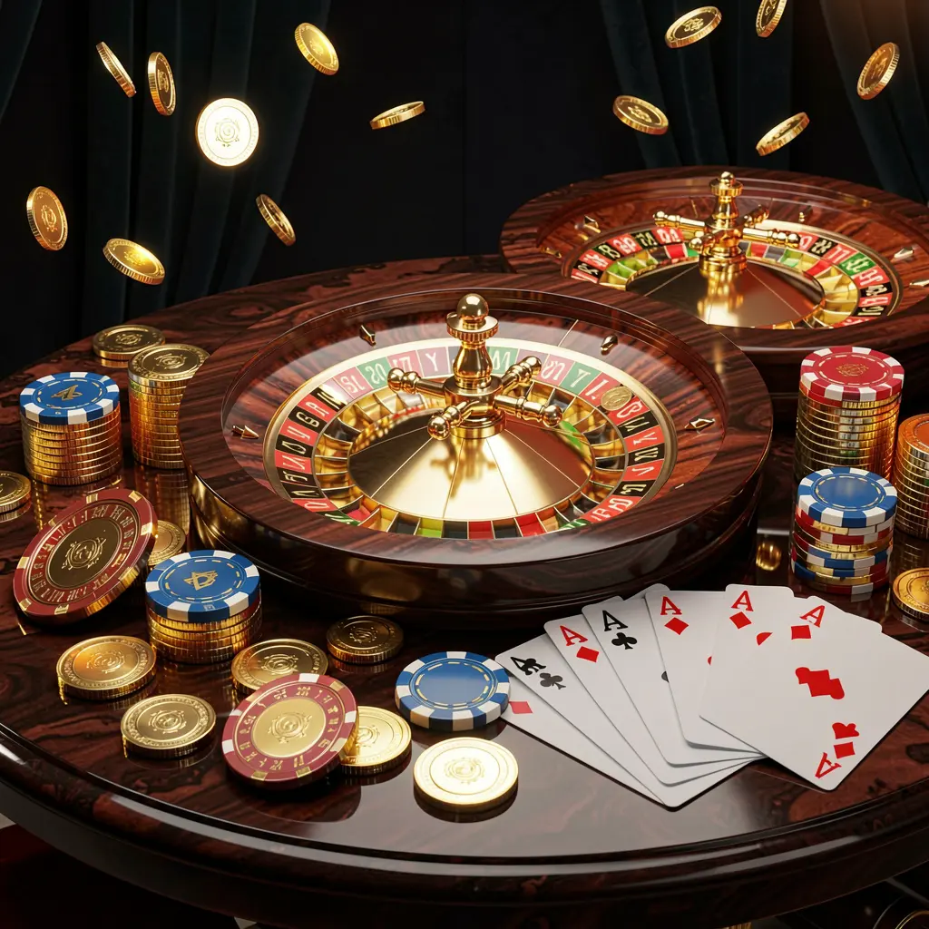 JLO1 premium online casino banner featuring golden coins, glowing chips, roulette wheel, and playing cards on a glossy table with an elegant dark background in a high detail realistic 3D render